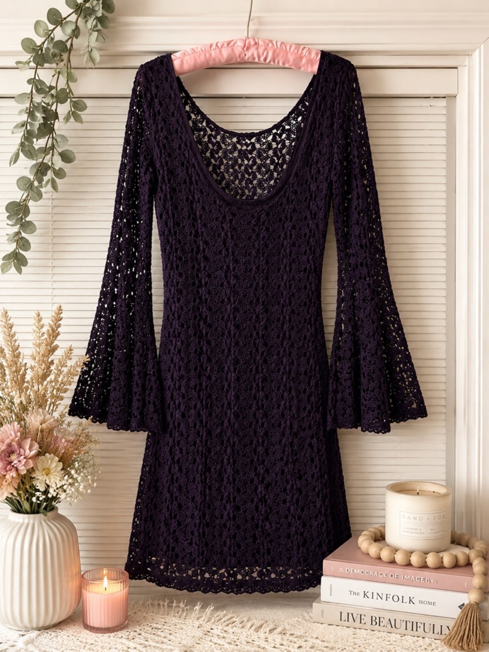 Free People Gypsy Crochet Bell Sleeve Mini Dress Dark Plum Boho